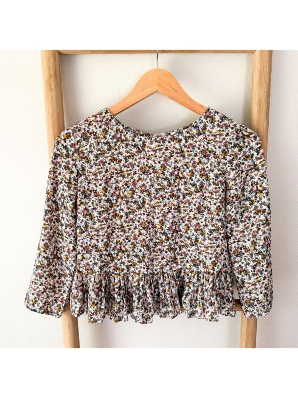 Bershka Floral Peplum Blouse Womens Small Long Sleeve Cottagecore Top